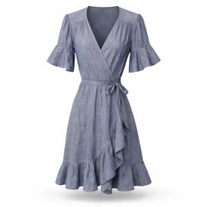 7 For All Mankind Blue Chambray Ruffle Wrap Dress Flutter Sleeve Size L